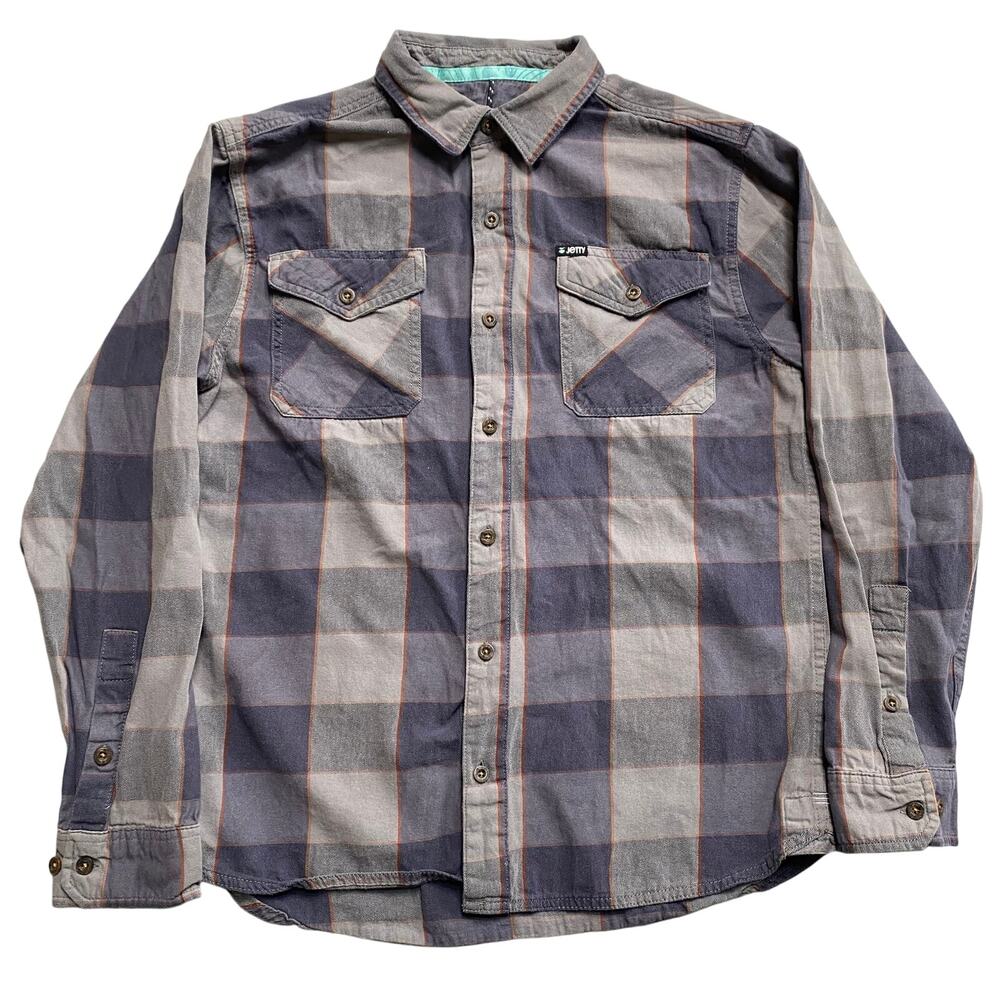 Jetty Marine Supply Plaid Blue Grey Outdoors Thick Flannel Shirt Size Medium